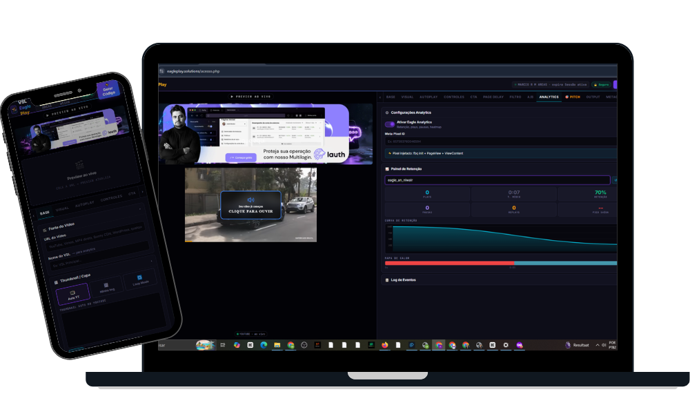 VSL Eagle Play — Analytics Profissional com Curva de Retenção